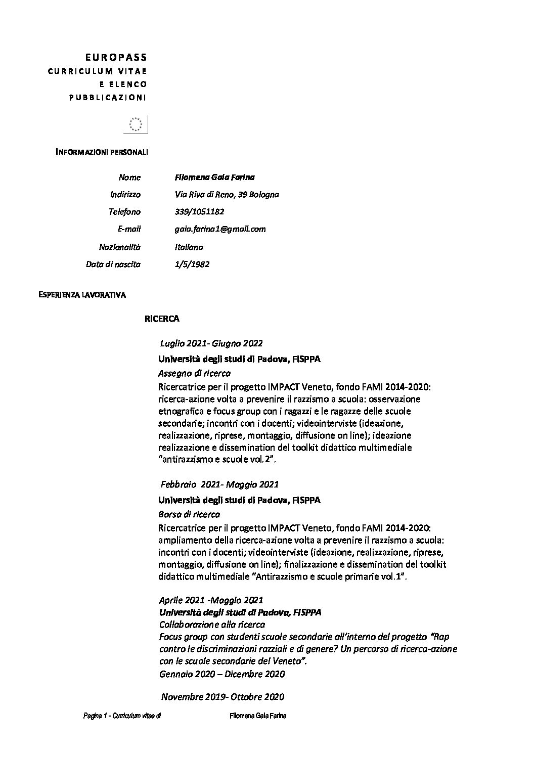 cv_europeo gaia farina 2022 short Cover